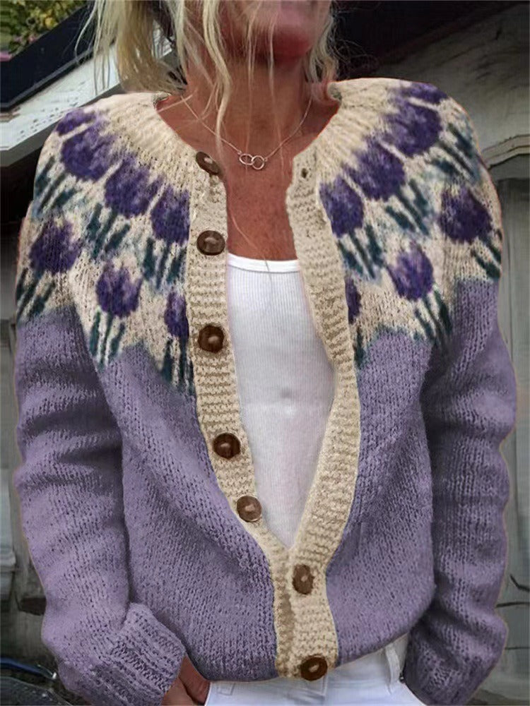 Vintage Icelandic knit cardigan close-up, cream trim and brown buttons over lilac knit