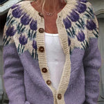 Vintage Icelandic knit cardigan close-up, cream trim and brown buttons over lilac knit
