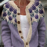 Vintage Icelandic knit cardigan close-up, cream trim and brown buttons over lilac knit