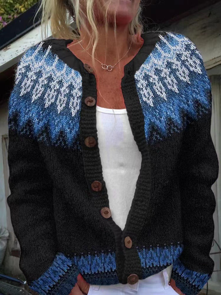 Vintage handcrafted Icelandic cardigan close-up, black knit with blue fair isle and buttons