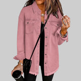 Pink denim-style button jacket with chest pockets and frayed cuffs and hem