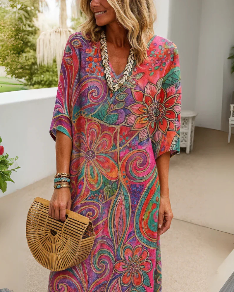 Arveny™ casual floral midi dress, multicolor V-neck with elbow-length sleeves.
