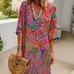 Arveny™ casual floral midi dress, multicolor V-neck with elbow-length sleeves.