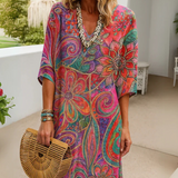 Arveny™ casual floral midi dress, multicolor V-neck with elbow-length sleeves.