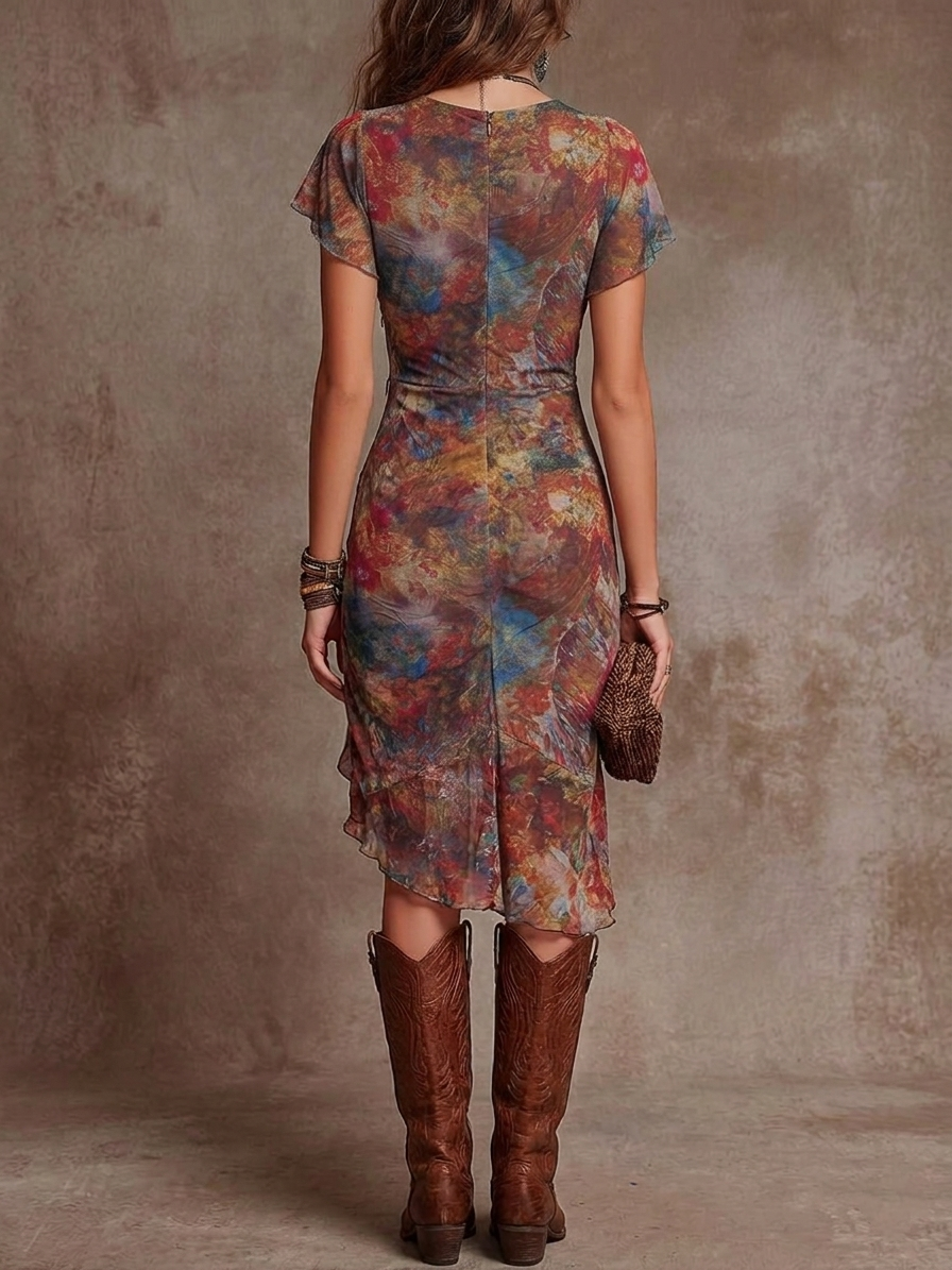 Judy abstract ruched midi dress with V-back and short sleeves, multicolor print