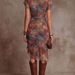 Judy abstract ruched midi dress with V-back and short sleeves, multicolor print