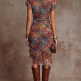 Judy abstract ruched midi dress with V-back and short sleeves, multicolor print