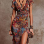 Judy abstract V-neck ruched midi dress with draped side slit, multicolor print