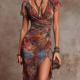 Judy abstract V-neck ruched midi dress with draped side slit, multicolor print