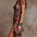 Judy abstract V-neck ruched midi dress with short sleeves and side slit, multicolor print