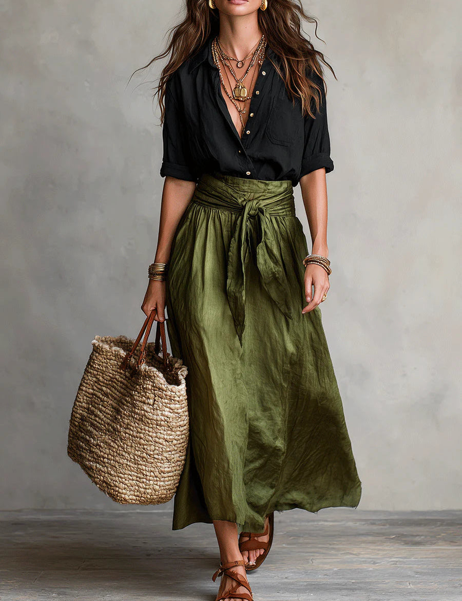 Two-piece outfit: black button T-shirt with olive green bow-waist midiskirt