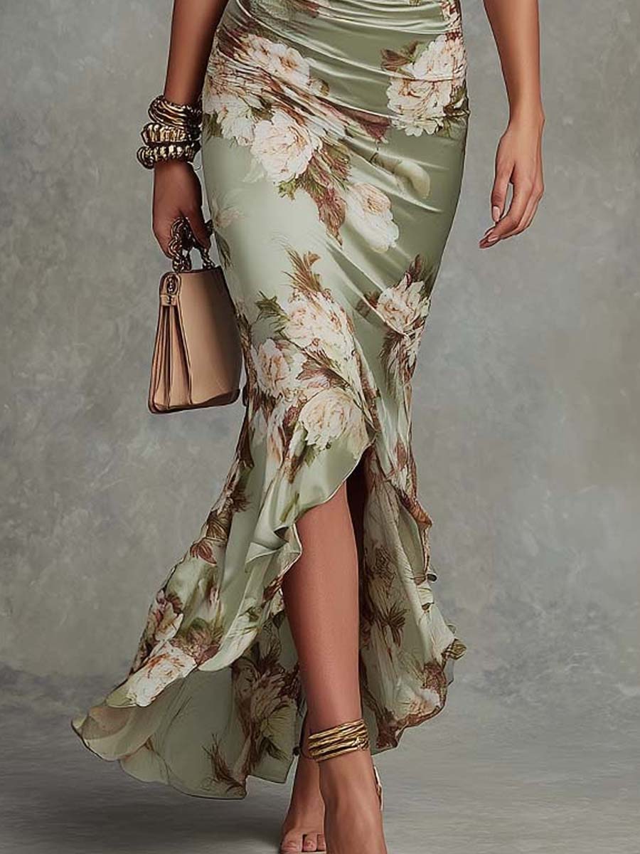 Kassy green floral maxi dress with asymmetrical ruffle hem and side slit detail