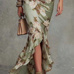Kassy green floral maxi dress with asymmetrical ruffle hem and side slit detail
