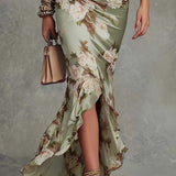 Kassy green floral maxi dress with asymmetrical ruffle hem and side slit detail