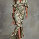 Kassy elegant green floral maxi dress, ruched V-neck with ruffled puff sleeves
