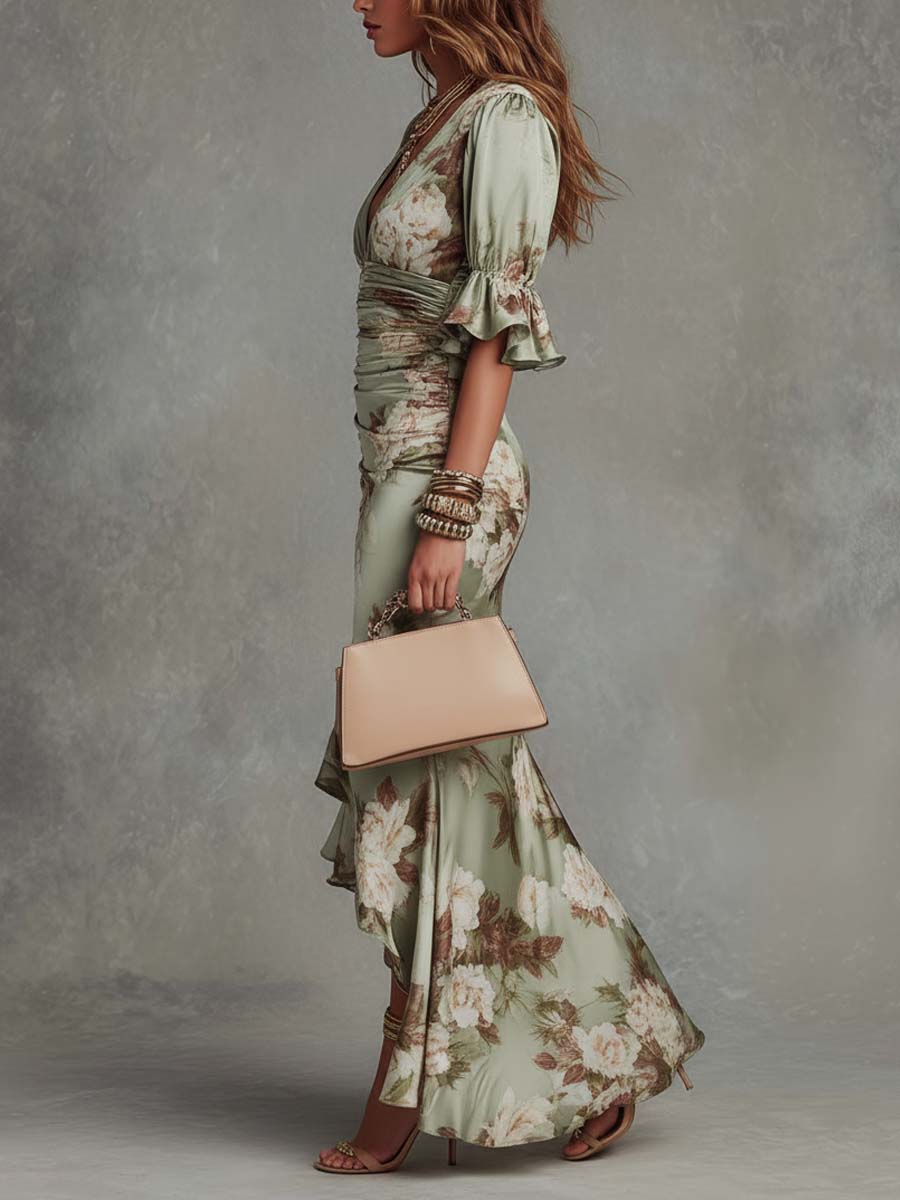 Kassy green floral maxi dress with V-neck ruched bodice and flutter sleeves, side slit