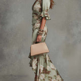 Kassy green floral maxi dress with V-neck ruched bodice and flutter sleeves, side slit