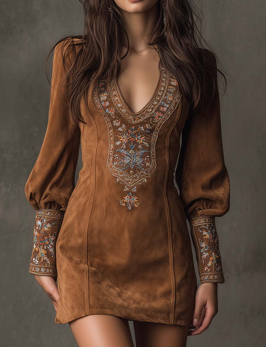 Brown suede minidress with V-neck embroidery and long puff sleeves