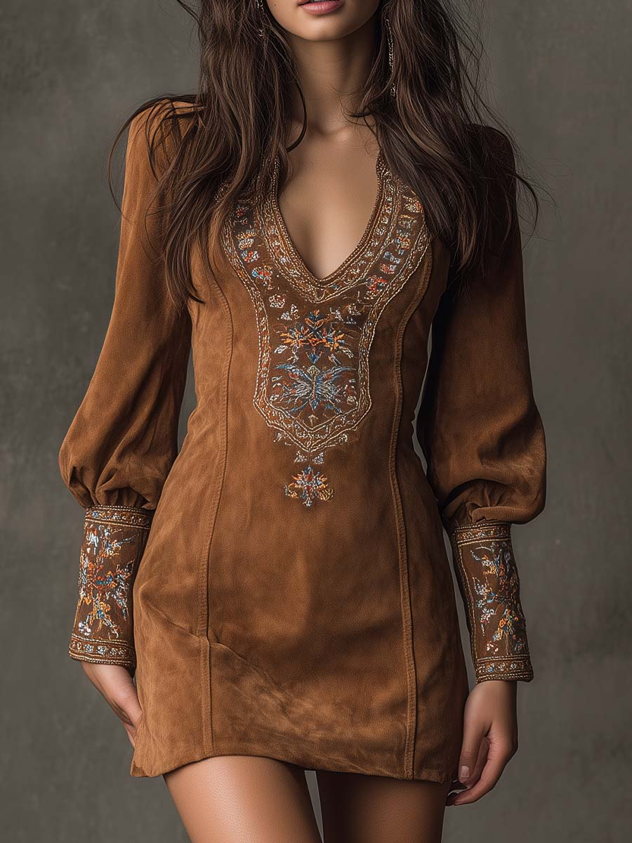 Brown suede minidress with V-neck embroidery and long puff sleeves