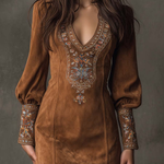 Brown suede minidress with V-neck embroidery and long puff sleeves