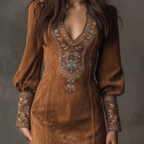 Brown suede minidress with V-neck embroidery and long puff sleeves