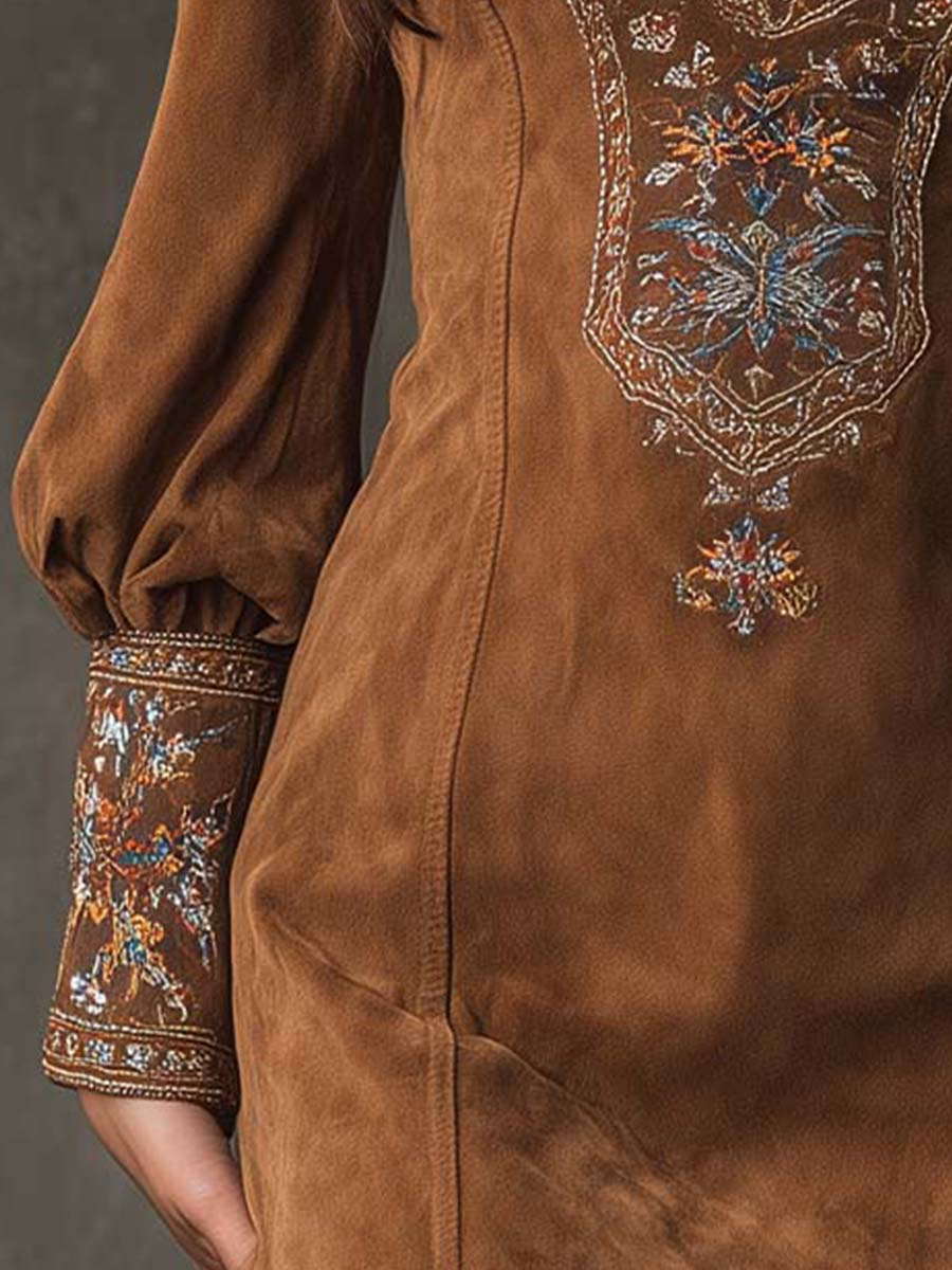 Brown suede mini dress with embroidered cuffs and V-neck trim