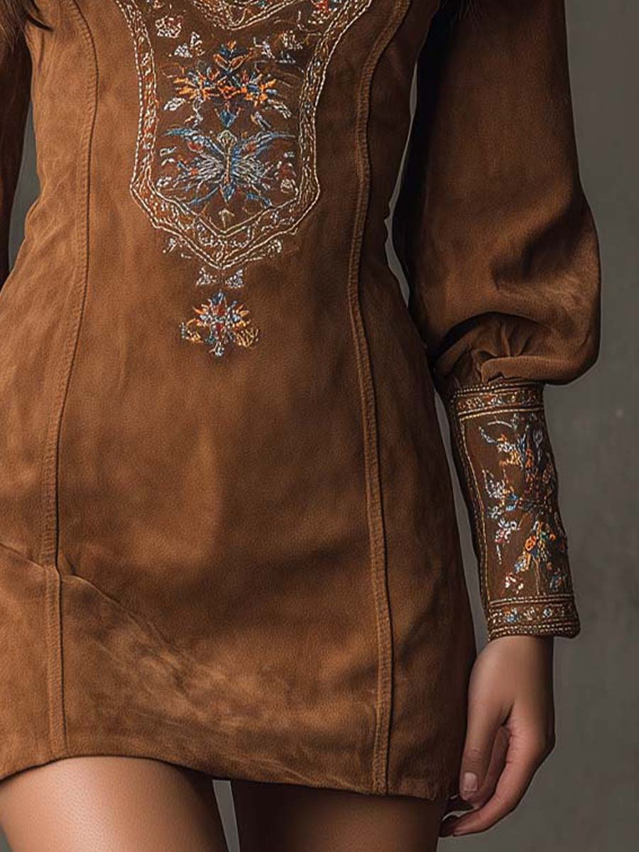 Brown suede minidress with central floral embroidery and long cuffed sleeves