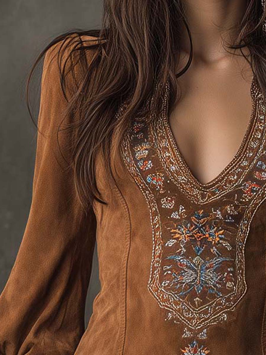 Brown suede minidress with V-neck embroidered yoke detail