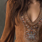 Brown suede minidress with V-neck embroidered yoke detail