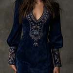 Navy suede minidress with V-neck embroidery and long puff sleeves with patterned cuffs