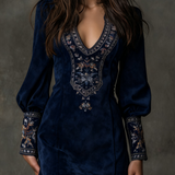 Navy suede minidress with V-neck embroidery and long puff sleeves with patterned cuffs