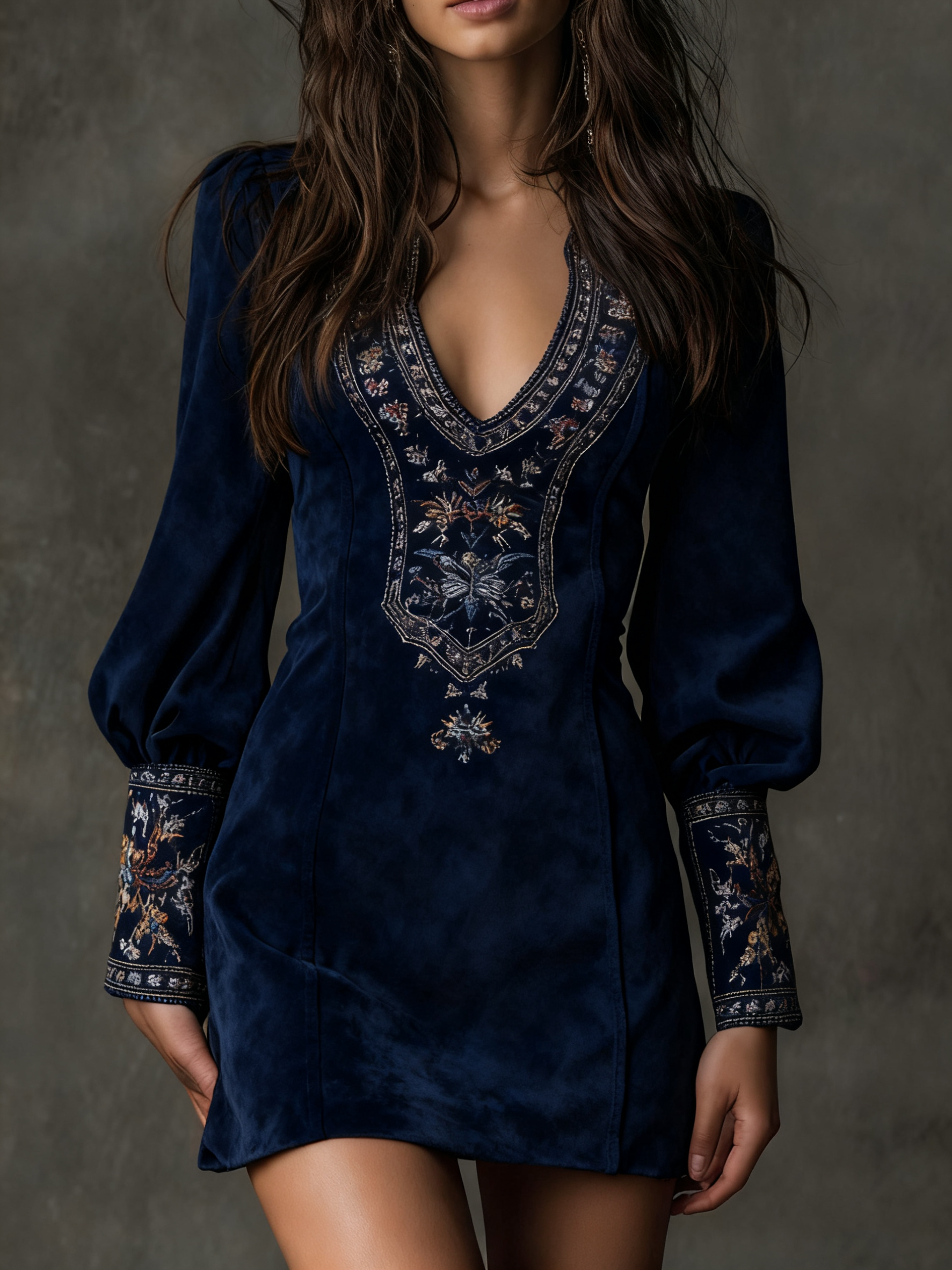 Navy suede minidress with V-neck embroidery and long puff sleeves with patterned cuffs