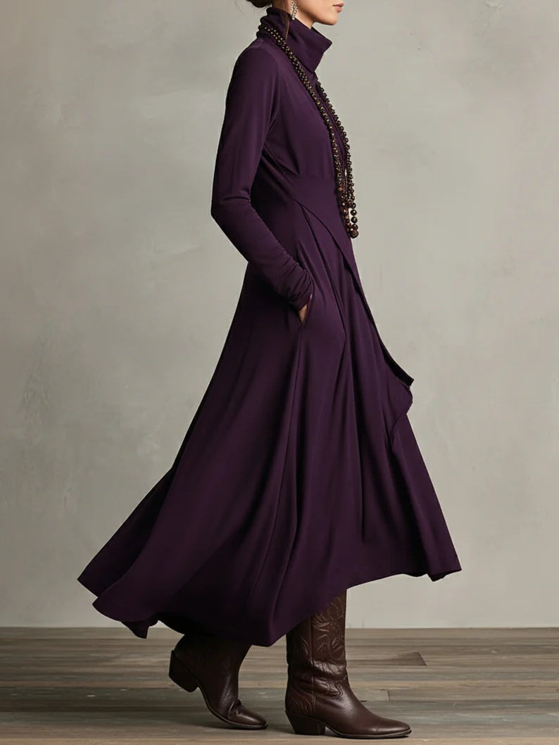 Purple long maxi dress with high neck and cascading draped skirt, side view
