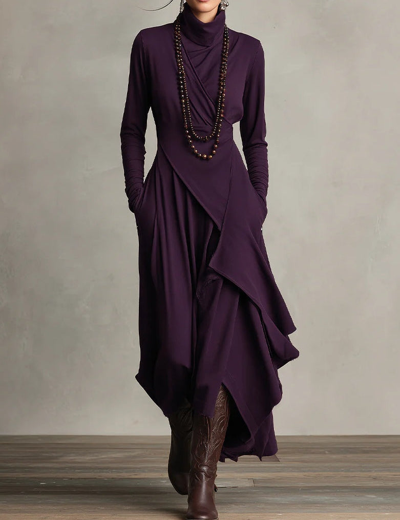 Purple long-sleeve maxi dress with high neck and layered draped wrap skirt