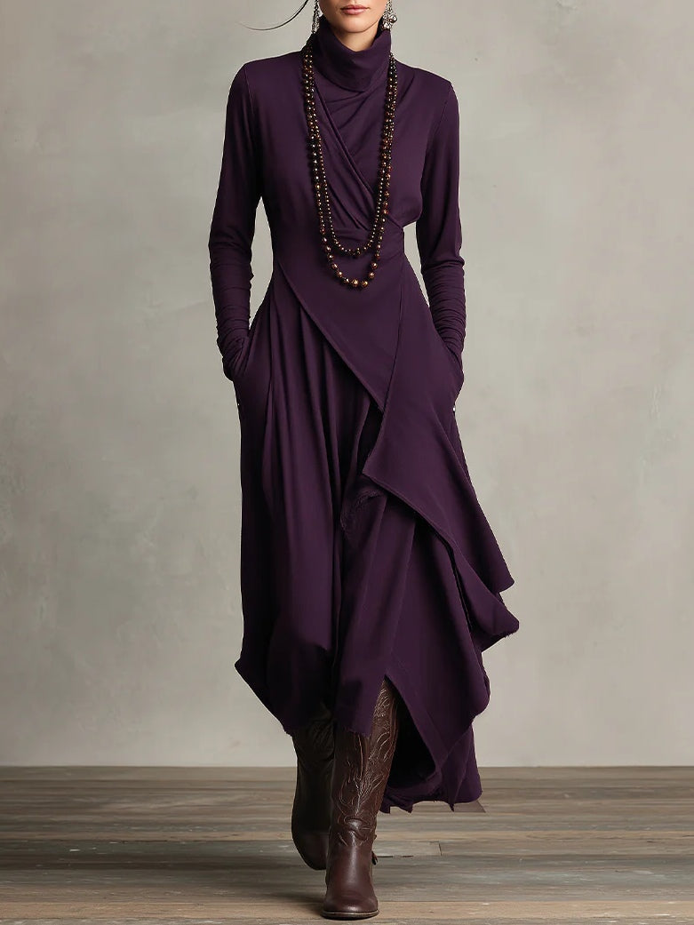 Purple long-sleeve maxi dress with high neck and layered draped wrap skirt