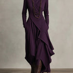 Purple long-sleeve maxi dress with high neck and layered draped wrap skirt