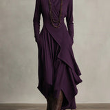Purple long-sleeve maxi dress with high neck and layered draped wrap skirt