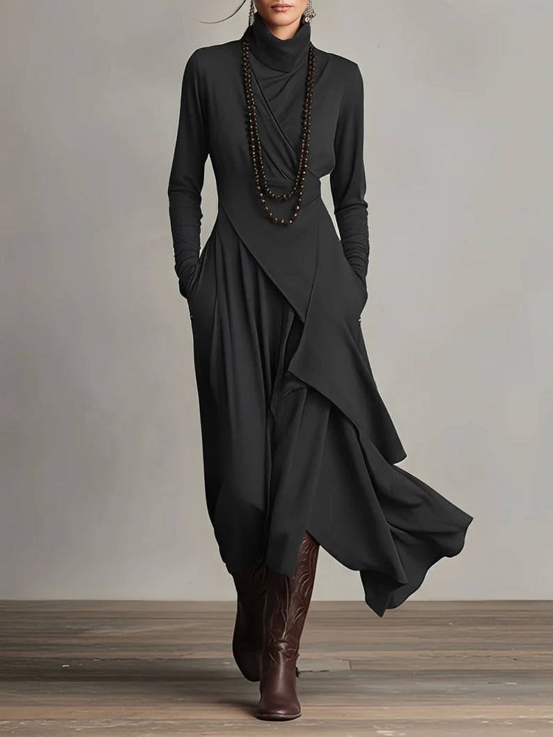 Black long-sleeve maxi dress with high neck and asymmetric layered drape skirt