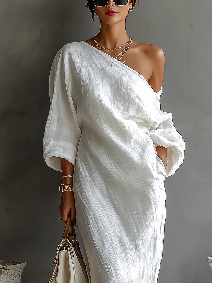 Nelle™ chic white maxi dress, one-shoulder fold detail and draped bodice