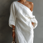 Nelle™ chic white maxi dress, one-shoulder fold detail and draped bodice