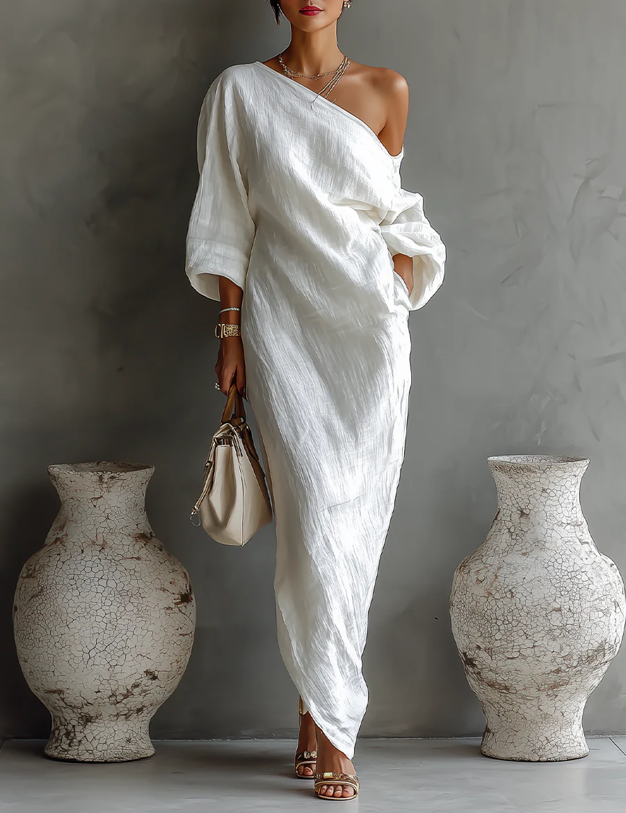 Nelle™ chic white maxi dress, one-shoulder drape, loose three-quarter sleeves