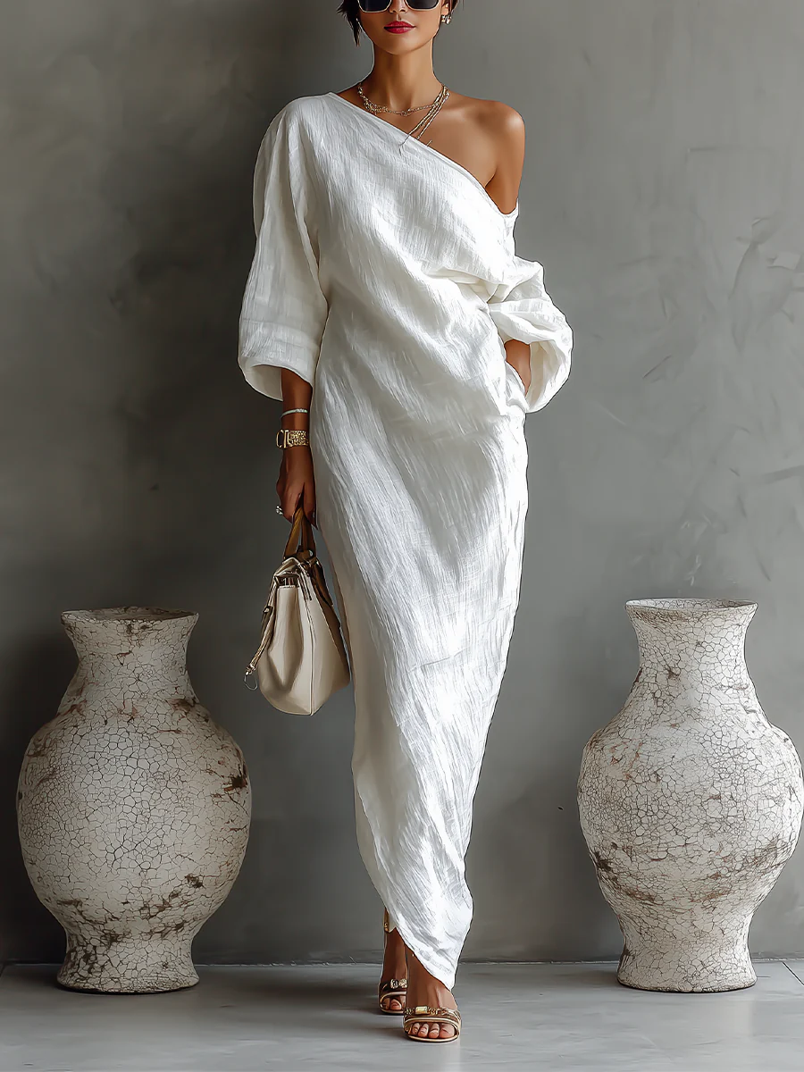 Nelle™ chic white maxi dress, one-shoulder drape, loose three-quarter sleeves
