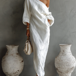 Nelle™ chic white maxi dress, one-shoulder drape, loose three-quarter sleeves