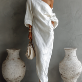 Nelle™ chic white maxi dress, one-shoulder drape, loose three-quarter sleeves