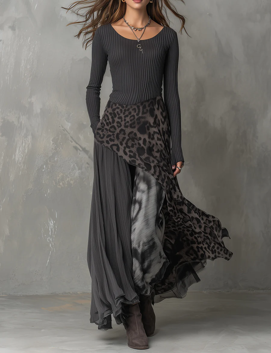 Grey striped maxi dress with long sleeves, leopard print wrap panel, irregular hem
