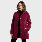 Cordia™ hooded jacket in burgundy with button front and side pockets