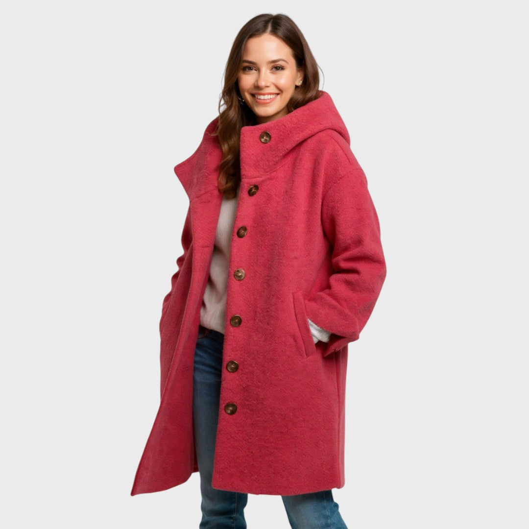 Mid-length button-front coat with hood, pink with dark buttons and side pockets