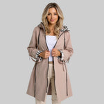 Hooded zip coat in light taupe with plaid hood and cuffs, side pockets, drawcord.