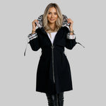 Hooded zip coat in black with plaid hood lining, adjustable drawstrings, front zipper.