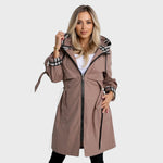 Hooded zip-up coat with plaid inner hood, drawcord waist, side pockets, taupe-brown.